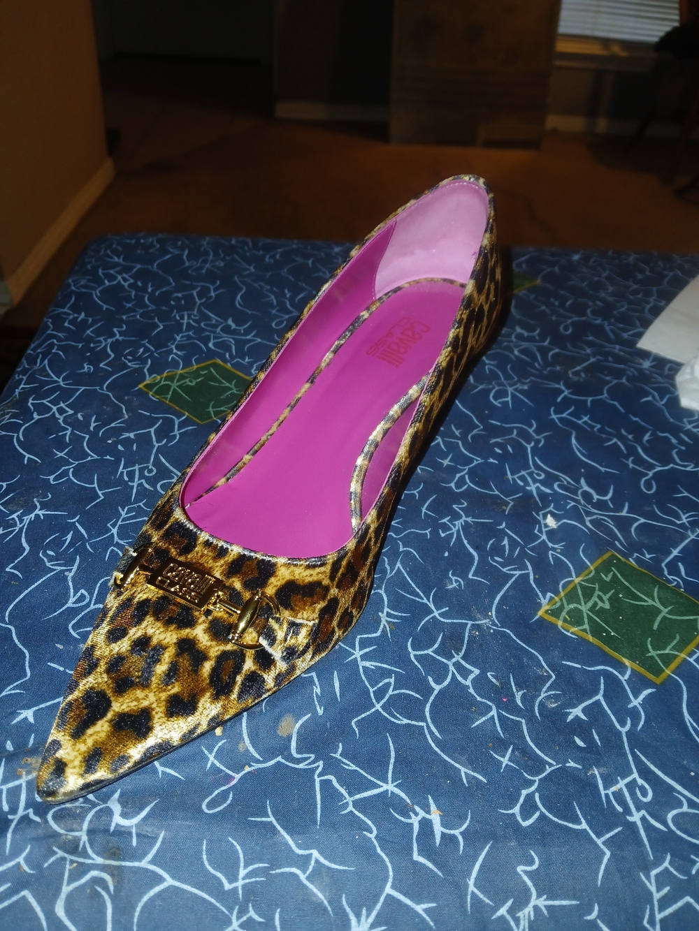 Roberto Cavalli Leopard Print Pointed Flat with Hot Pink Insole and Gold Logo
